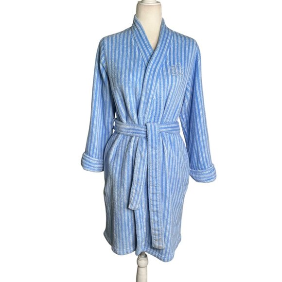 Lauren Ralph Lauren Womens Small Blue White Striped Robe Pockets Tie Belt - Picture 1 of 6